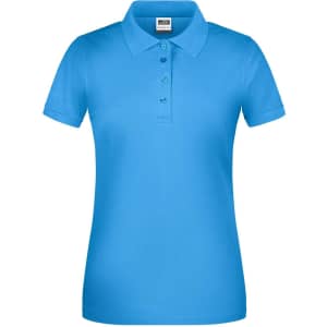 A light blue ladies polo shirt with a collar and three buttons, featuring a logo on the chest.