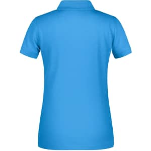 A blue women's polo shirt featuring a collar and short sleeves, with a branded logo on the back.