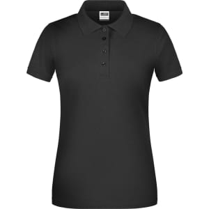 A black ladies' polo shirt with a collar and button placket, designed as workwear. It features a logo on the chest.