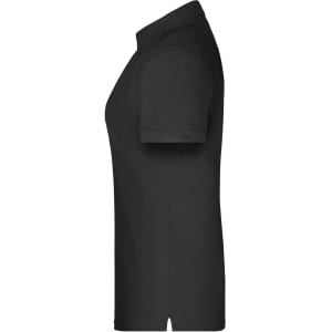 A black ladies polo shirt with a classic fit, featuring short sleeves and a collar. It has a logo on the front.