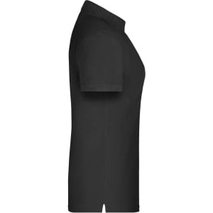 A black ladies polo shirt featuring a collar, short sleeves, and a side slit, with a logo on the design.