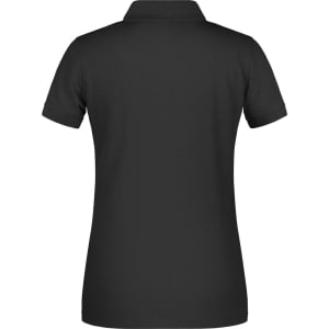 A black ladies polo shirt with a collar, featuring a back view and a logo.