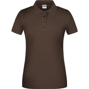 A brown ladies' polo shirt featuring a collared neck and five buttons, with a logo on the chest.