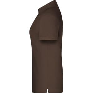 A brown work polo shirt with a classic design, featuring a collar and short sleeves. It has a logo on the chest.