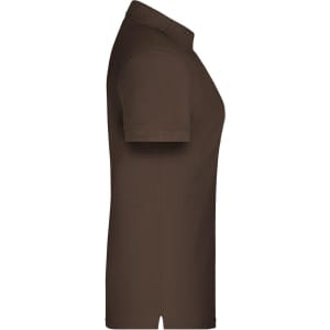 A brown ladies polo shirt with a classic collar and short sleeves, featuring a side vent and a logo.