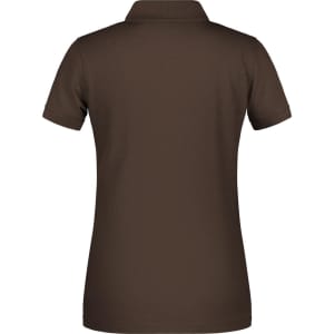 A brown ladies' polo shirt with a collar and short sleeves, featuring a logo on the back.