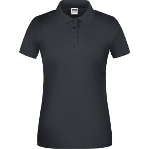A short-sleeved ladies' polo shirt in dark navy blue with a classic collar and button placket, featuring a logo.
