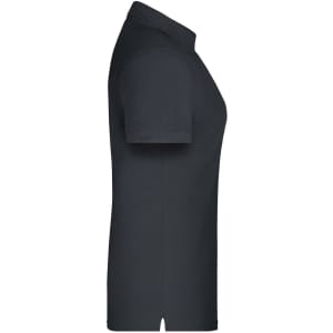 A black polo shirt with a classic collar and short sleeves, featuring a logo on the side.