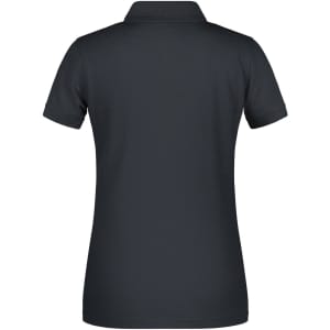A dark navy ladies polo shirt with a classic collar, featuring a logo on the back.