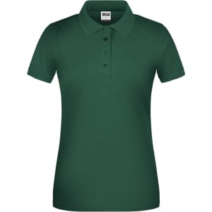 A green ladies' polo shirt featuring a classic collar and short sleeves, with a logo on the chest.