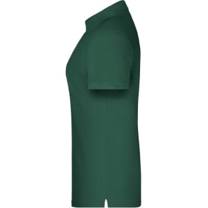 A green polo shirt with short sleeves and a collar, featuring a logo on the chest.
