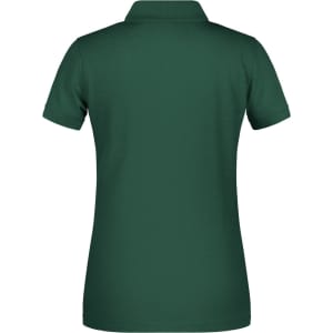 A dark green ladies' polo shirt with a fitted design and standard collar, featuring a logo on the back.