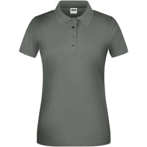 A ladies' polo shirt in olive green with a collar and short sleeves, featuring button detailing and a logo.