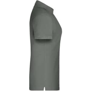 A grey polo shirt with short sleeves and a collar, featuring a side view and a logo on the front.