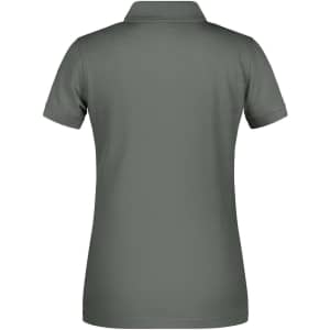A ladies polo shirt in a dark green colour, featuring a collar and short sleeves, with a logo on the back.