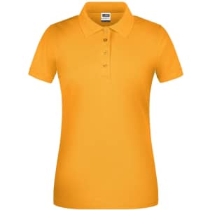 A ladies' polo shirt in bright yellow with a classic collar and short sleeves. Features a brand logo on the chest.