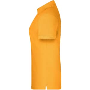A bright orange polo shirt featuring short sleeves and a collar, with a logo on the front.