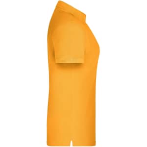 A side view of a bright yellow polo shirt with short sleeves, featuring a logo on the chest.