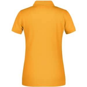 A back view of a ladies' work polo shirt in vibrant yellow. The shirt features a collar and has a logo.