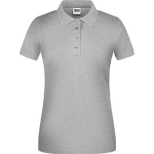 A women's grey polo shirt featuring a classic collar, short sleeves, and a buttoned placket. It has a logo on the chest.