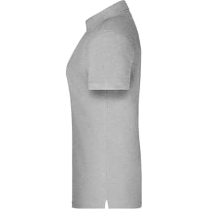 A grey polo shirt with short sleeves, featuring a collar and a branding logo. Ideal for workwear.