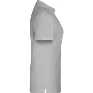 A grey ladies' polo shirt with short sleeves, featuring a collar and a logo.