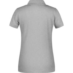 A grey ladies' polo shirt featuring a classic collar and short sleeves, with a logo on the back.