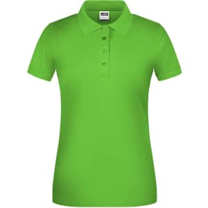 A bright green ladies' polo shirt with a collar and short sleeves. It features a branded logo.