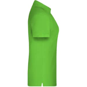 A green ladies' polo shirt featuring a classic design and short sleeves, with branding on the side.