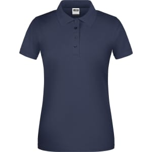 A navy ladies' polo shirt is displayed, featuring a classic collar and five-button closure, with a logo present.