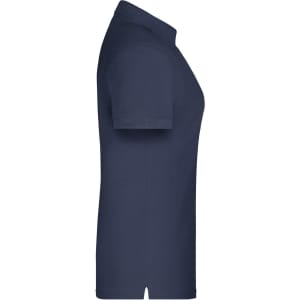 A navy blue ladies' polo shirt with a classic collar, featuring a logo on the chest.