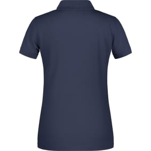 A navy blue ladies' polo shirt featuring a collar and short sleeves, with a logo on the back.