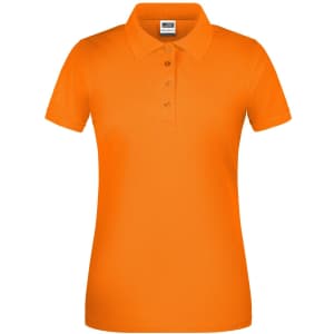 An orange ladies' polo shirt with a collared neckline and short sleeves. It features a logo on the chest.