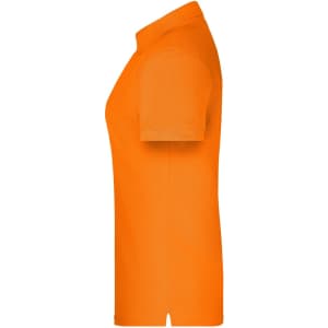 An orange polo shirt with short sleeves and a collar, featuring a logo on the left side.