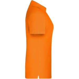 An orange polo shirt displayed from the side, featuring a collar and short sleeves, with a logo present.