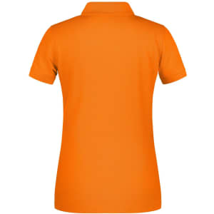 An orange ladies' polo shirt with a classic collar and short sleeves, featuring a logo.