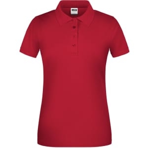 A red ladies' polo shirt with a collar and short sleeves, featuring a button placket and branded logo.