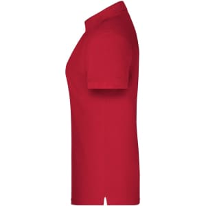 A red polo shirt with a collared neck and short sleeves, featuring a logo on the side.