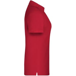 A red polo shirt with short sleeves, featuring a logo on the left side. It is designed for women's workwear.