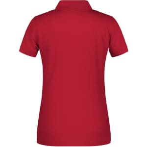 A red ladies polo shirt with a classic collar. The back view shows a smooth, streamlined design and includes a logo.