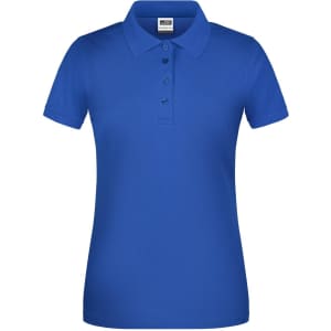 A blue polo shirt with a collar and five buttons, featuring a logo on the chest area.
