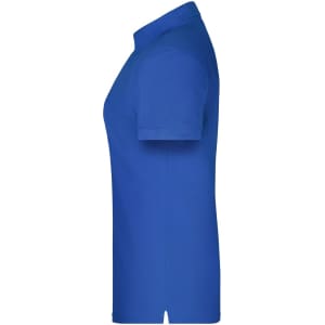A blue polo shirt for women with short sleeves and a collar, featuring a logo on the chest.