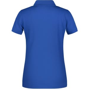 A blue ladies polo shirt with a collar and a solid design, featuring a logo on the back.