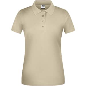 A beige ladies' polo shirt with a collared neckline and button placket. Features a logo on the chest.