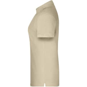 A beige work polo shirt with a short sleeve and a side view. It features a logo on the chest.