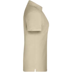 A beige ladies' polo shirt featuring a classic collar and short sleeves, with branding on the chest.
