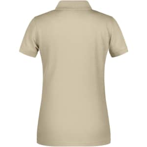 A beige polo shirt with a collar and short sleeves, featuring a logo on the back.