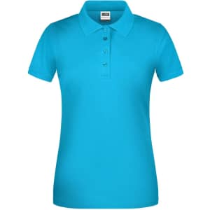 A turquoise polo shirt for ladies with a collar and button placket, featuring a logo on the chest.