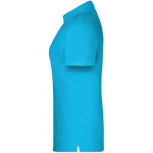A turquoise polo shirt, featuring a classic design and a logo, viewed from the side.