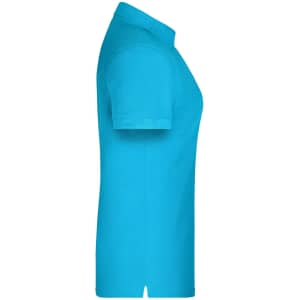A turquoise polo shirt for women, featuring a classic collar and short sleeves. It has a logo on the chest.